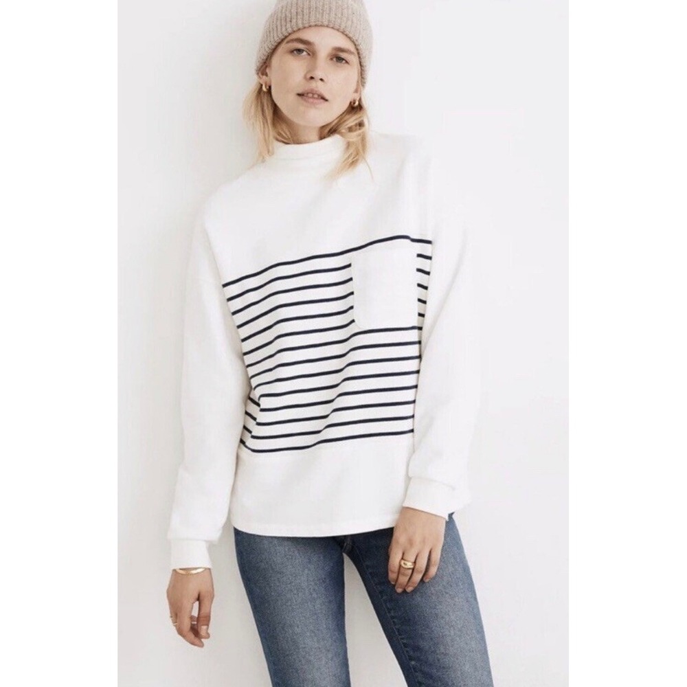 Madewell Mockneck Sweatshirt M Cream Navy Striped Pocket French Terry Cotton